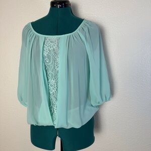Womens Sz S Sheer Chiffon & Lace Seafoam green blouse